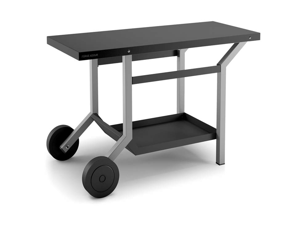 Black and grey matte steel rolling table for plancha