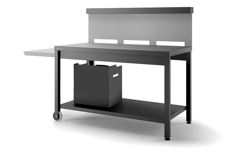 Table on wheels with credenza for plancha, black and grey steel