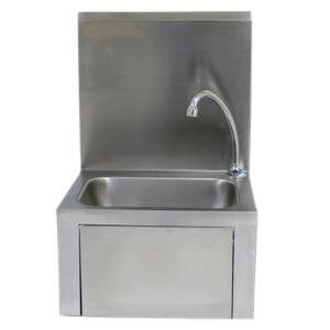 Stainless steel washbasin with backsplash complete with pushbutton