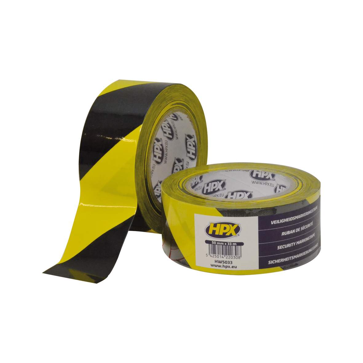 Signalling and safety tape, yellow and black adhesive, 50mm x 33m
