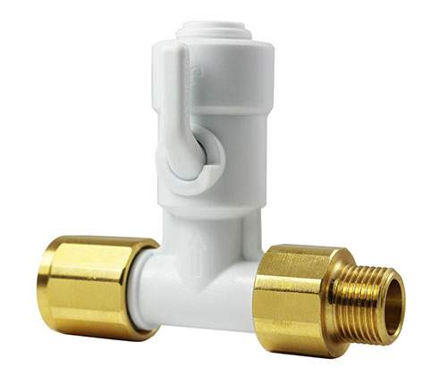 BSP tee for 10 mm hose, 3/8" female, 3/8" shut-off valve, with check valve
