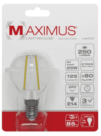 Led filament sphärisch Maximus 2W E14 250LM 2700K warm