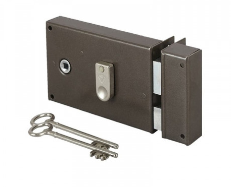 Horizontal surface lock opening on the right, 1/2 turn deadbolt, 2 keys