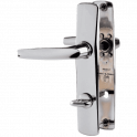 Zwei Türgriffe mit aufgesetzter Spiegelverchromung, Sperrschlüssel, Achsabstand 165 mm