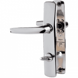 Deux poignées de porte avec applique chromée miroir, clé de condamnation, entraxe 165 mm - Vachette - Référence fabricant : 7162