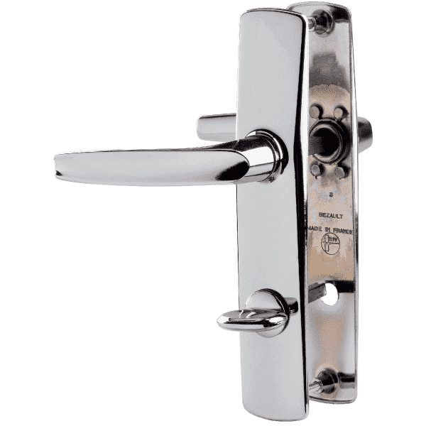 Deux poignées de porte avec applique chromée miroir, clé de condamnation, entraxe 165 mm