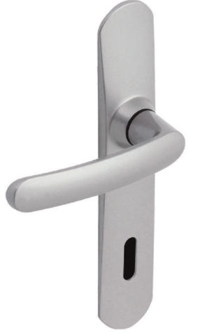 Door handle with plate, 195 mm distance between centres, key L, mirror-chromed