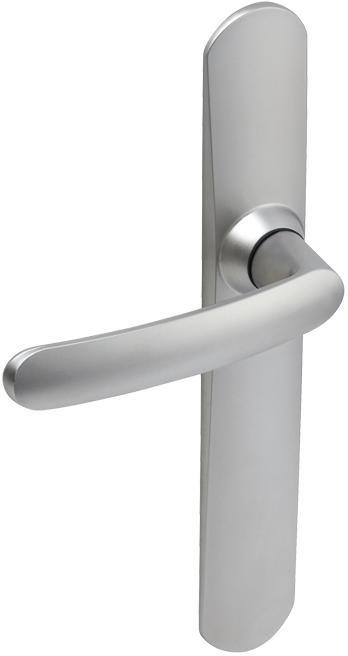 Door handle with plate, 195 mm distance between centres, cane spout, mirror-chromed