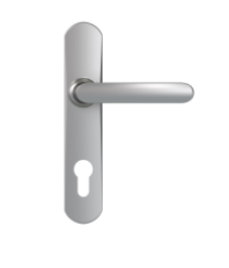 Door handle with plate, 195 mm distance between centres, key I, mirror-chromed