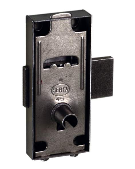 Serrure en applique pour porte gauche ou droite, clé suisse, H70xEP10mm, acier poli.