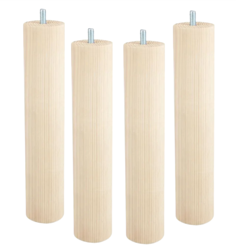 Set of 4 cylindrical bed feet M8 in natural beech, height 250 mm, diameter 50 mm