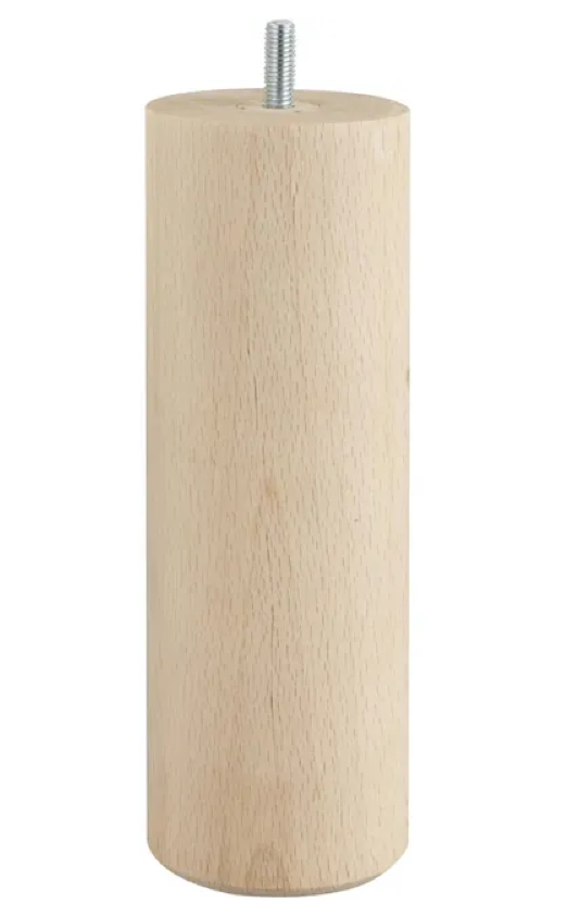 Pied cylindrique de lit M8 en hêtre brut naturel, hauteur 200 mm, diamètre 68 mm