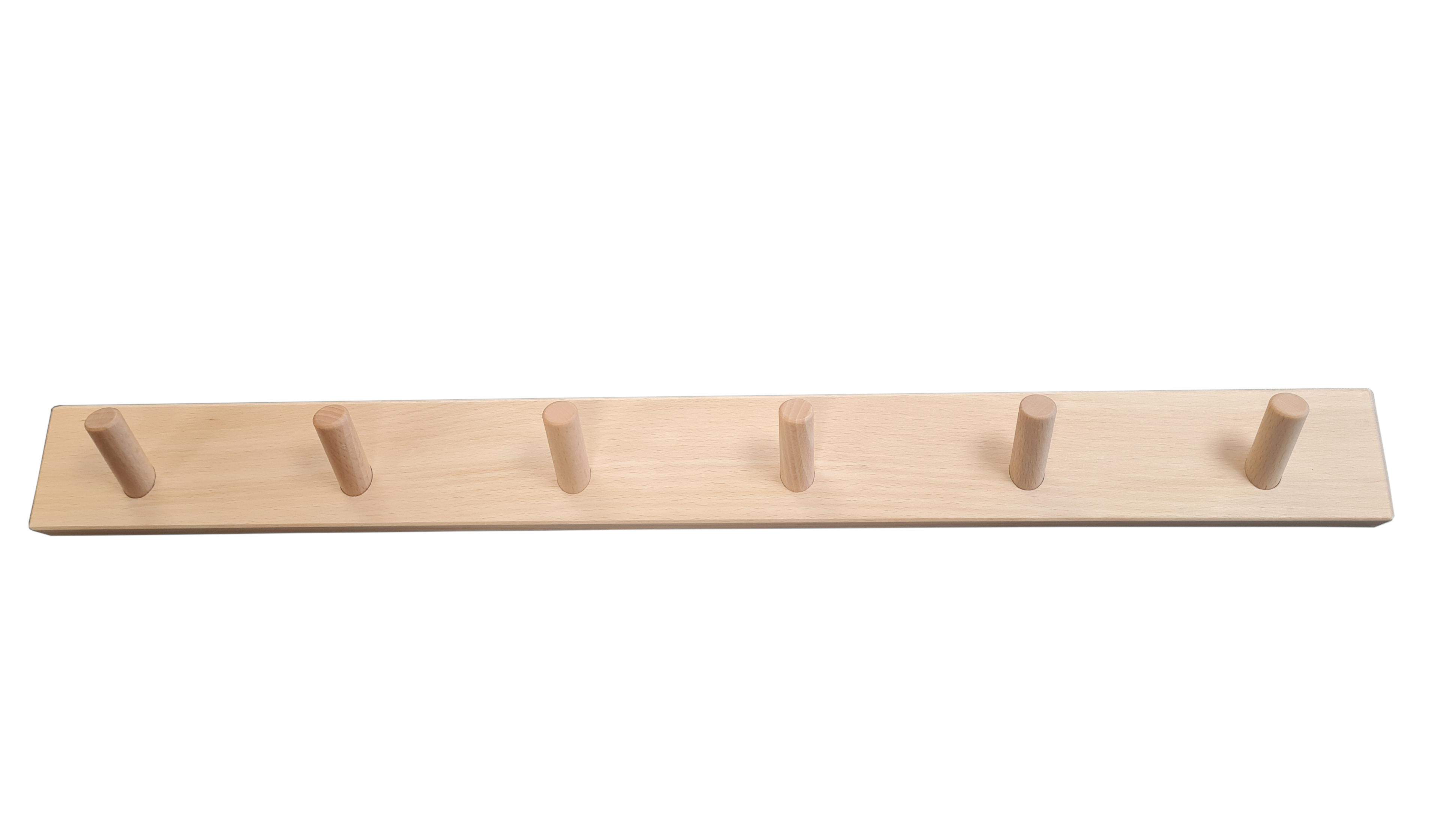 Coat hook with 6 inclined heads in natural beech, 600 x 60 x 16 mm