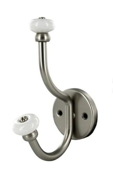 Coat hook with 2 heads in aluminum and white porcelain to screw