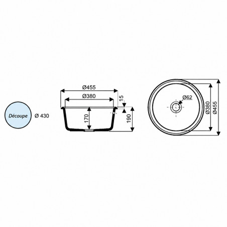 Round stoneware basin Selles Oleron bowl 455 mm waste outlet included for built-in installation