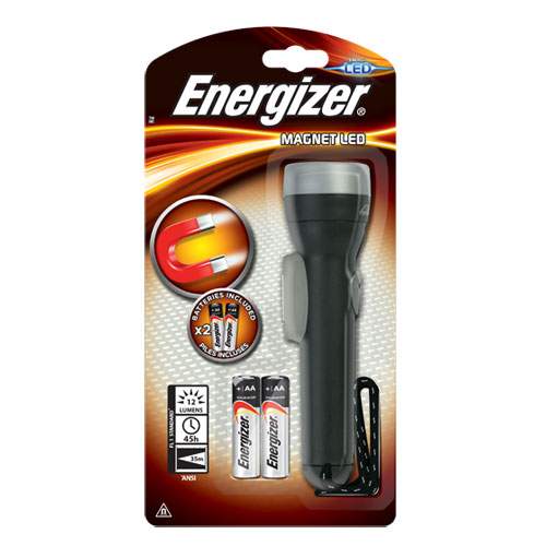 Compact LED flashlight with magnet, with 2 AA batteries.