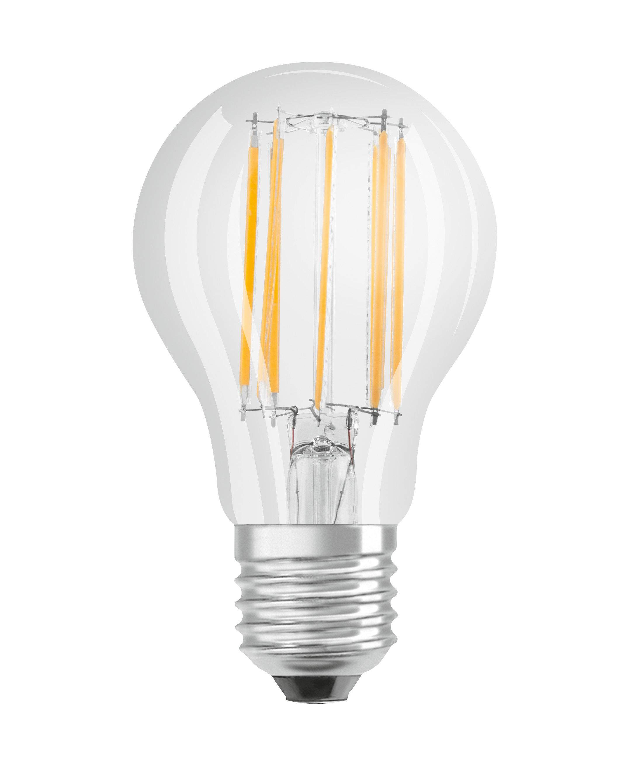 Ampoule LED verre transparent standard E27, 11W, blanc chaud.