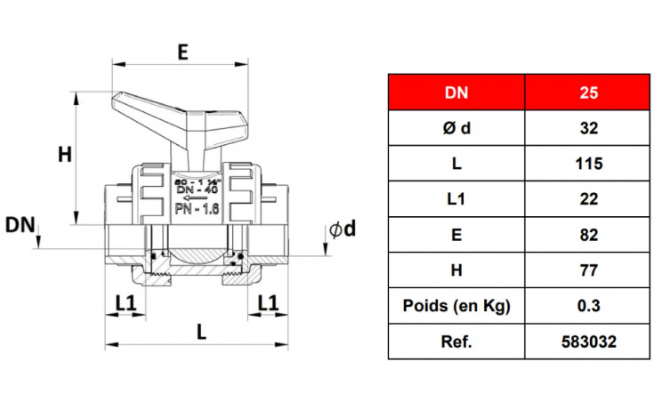 Vanne à sphère PVC-U pression à coller diamètre 32, 16 bars SFERACO - Image 2/2