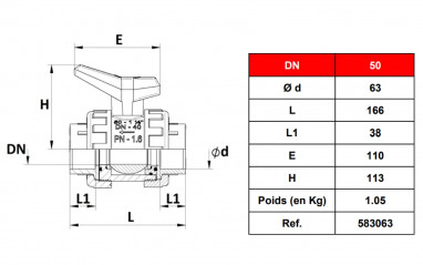 Vanne à sphère PVC-U pression à coller diamètre 63, 16 bars