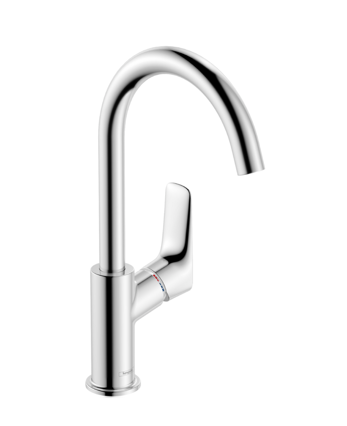 210 "Zebris" basin mixer, high swivel spout with pull cord and synthetic pop-up waste