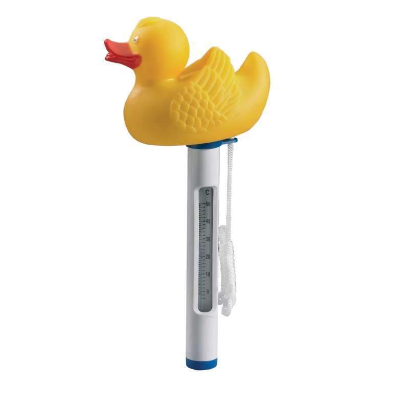 Floating duck thermometer for swimming pools.
