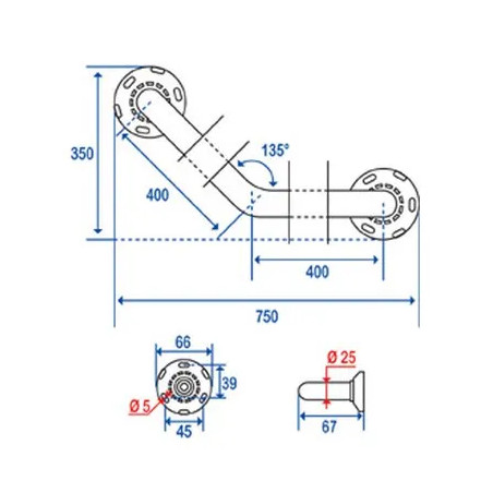 Staaf gebogen 135 graden 400x400 mm, diameter 25 mm Verchroomd