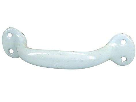 White steel screw-on lever handle, W.140mm, H.37mm, D.33mm, center distance 123mm, 1 piece with screws.