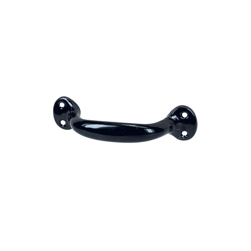 Handle with screw-on feet in black steel, W.140mm, H.32mm, D.36mm, center distance 123mm, 1 piece with screws.