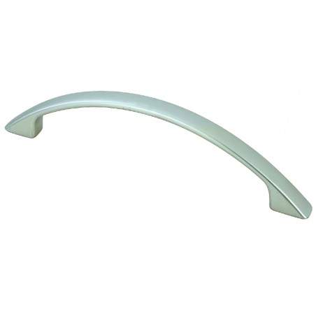 Modern curved handle Zamak satin nickel-plated, L.120mm, W.11mm, D.21mm, 96mm center distance, 1 piece with screws.