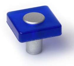 Square PVC knob, opal blue, 30x30mm, H.26mm, 1 piece with screws.
