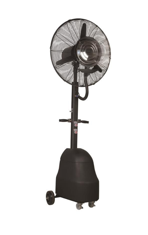 Outdoor fan misting device with tank