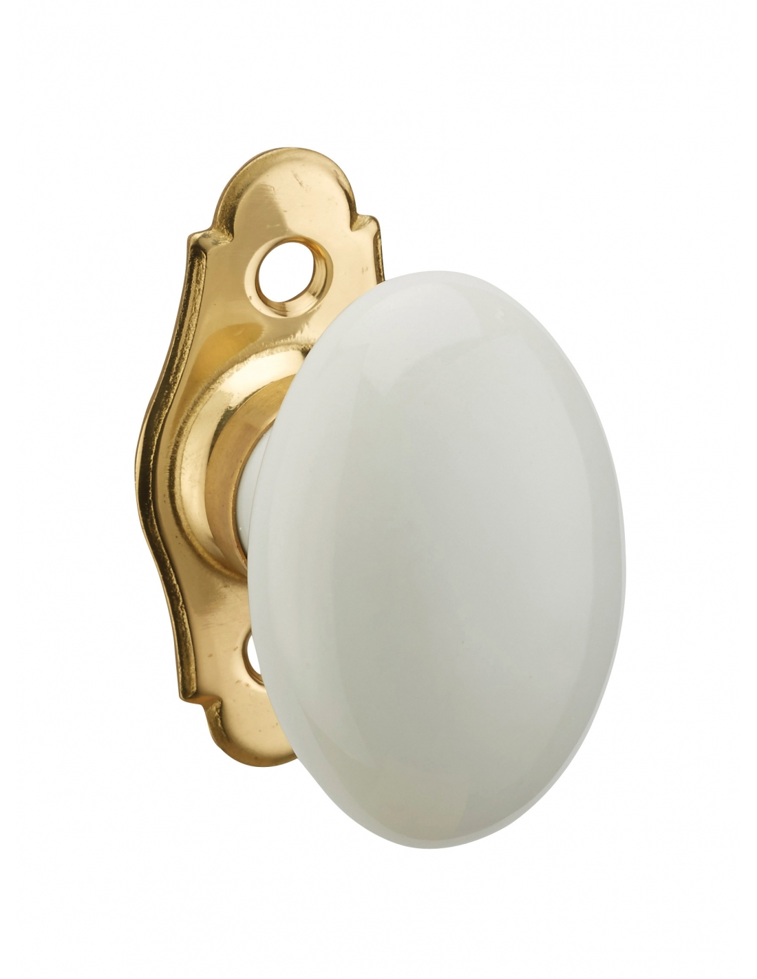 Window handle, porcelain knob on brass plate, with screw