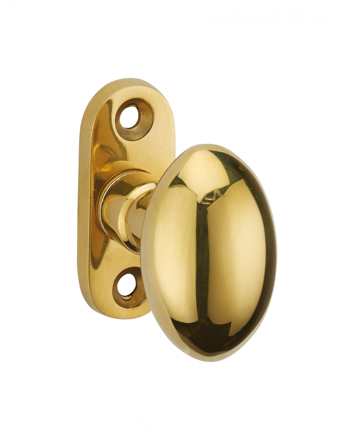 Window handle, oval knob in polished solid brass on plate with screws 