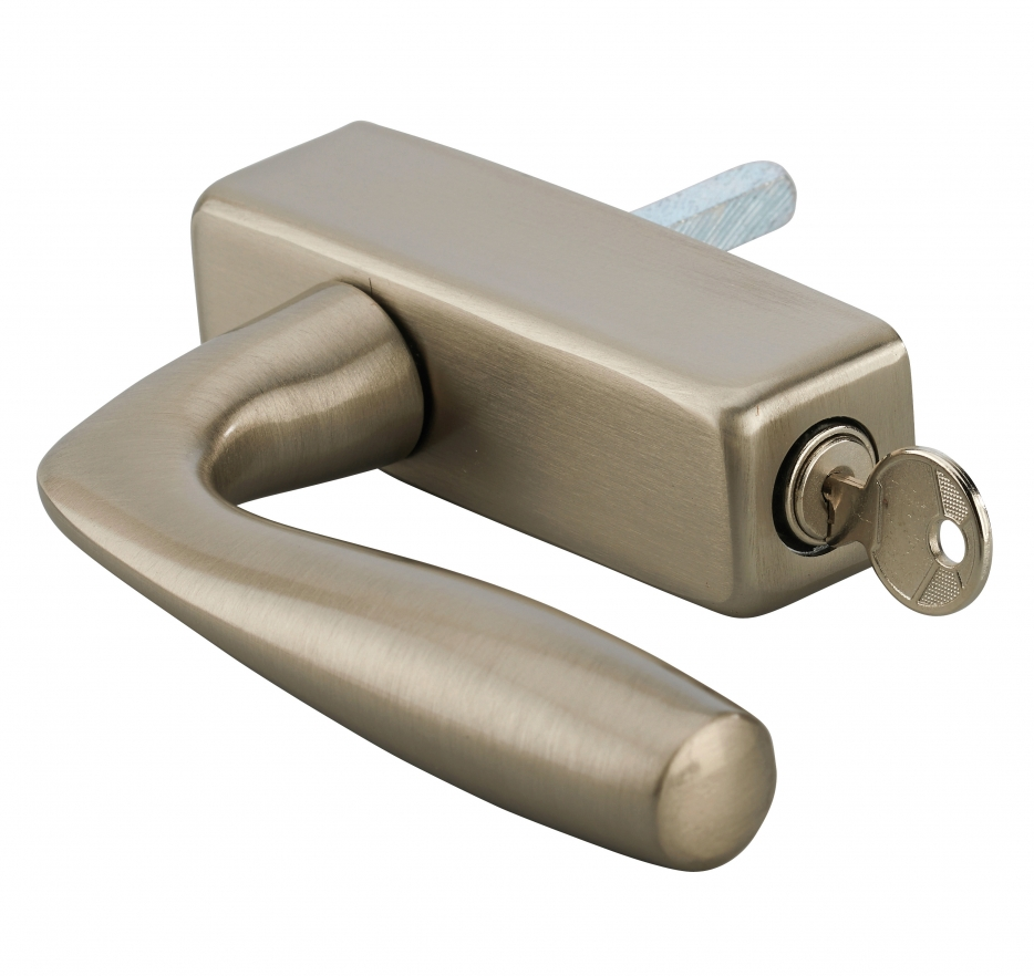 Window handle, Shark lever handle with key and concealed screw, satin nickel-matt alloy