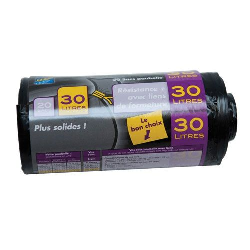 Pack of 20 black 30 L reinforced 27-micron garbage can liners