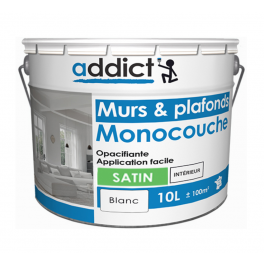Single-coat acrylic paint for walls and ceilings, satin white, 10 liters - Addict' Peinture - Référence fabricant : ADD111497