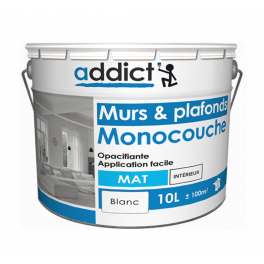 Single-coat acrylic paint for walls and ceilings, matt white, 10 liters - Addict' Peinture - Référence fabricant : ADD111495
