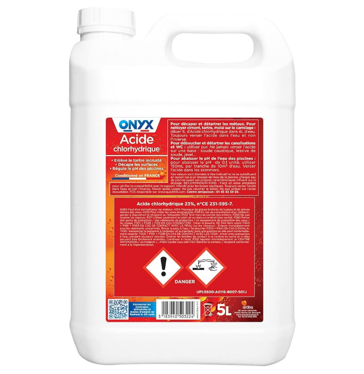 Acide chlorhydrique ONYX 23%, détachant, détartrant, régulation pH , 20 litres