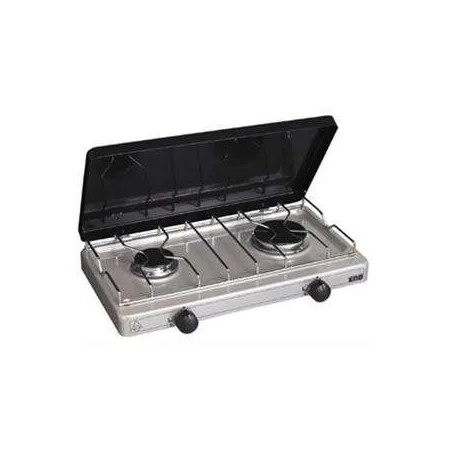 Réchaud 2 feux Gaz BUTANE et PROPANE, Silver, avec couvercle