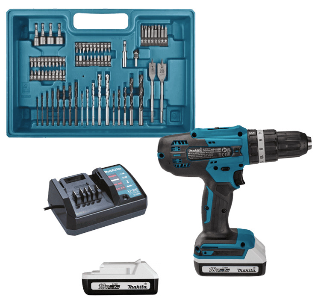 18V, LI-ION 2 Ah hammer drill/driver, with two batteries + charger and accessory box.