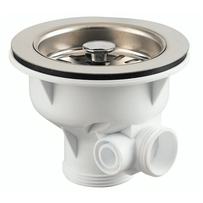 Gootsteenafvoer van dik materiaal, diameter 90 mm, roestvrijstalen bak en korf