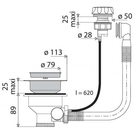 1-bak automatische afvoer met kabel, gat 90 mm, met overloop, roestvrij staal