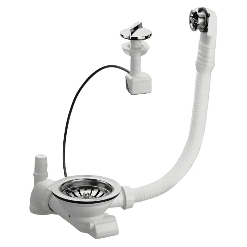 Gootsteenafvoer 1 kuip gat 90 mm, automatische afvoerplug met kabel en overloop, inox Gootsteenafvoer 1 kuip gat 90 mm, automatische afvoerplug met kabel en overloop, inox