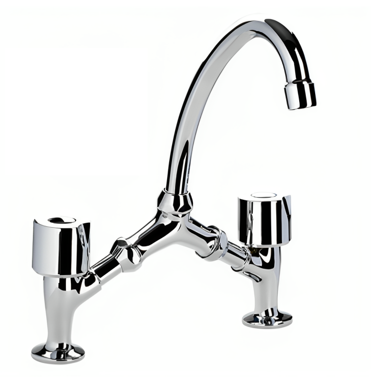 Chromium-plated bridge basin faucet, variable spacing, brass cross-bars, movable tube spout