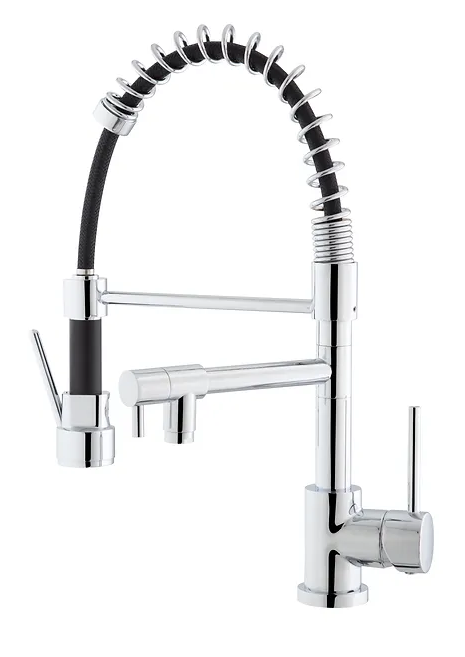 High sink mixer with hand shower and movable spout.