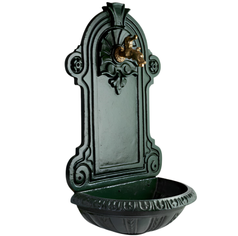 Cast iron wall fountain, green, with tap