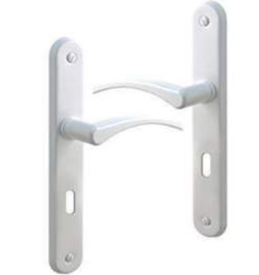 Door handle set with key drilling plate, white aluminum.