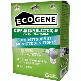 Diffuseur électrique anti-moustiques, dont tigres, 45 nuits, recharge 30 ml - ECOGENE - Référence fabricant : 169896