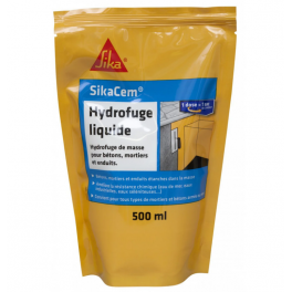 Hydrofuge Liquide SikaCem pour bétons, mortiers et enduits, 0.5 L - Sika - Référence fabricant : 68270004