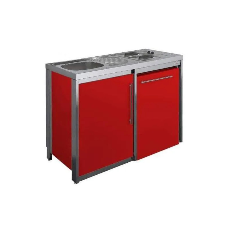 METALLINE 120cm keukenblok met kookplaat en koelkast, karmijn poedercoating